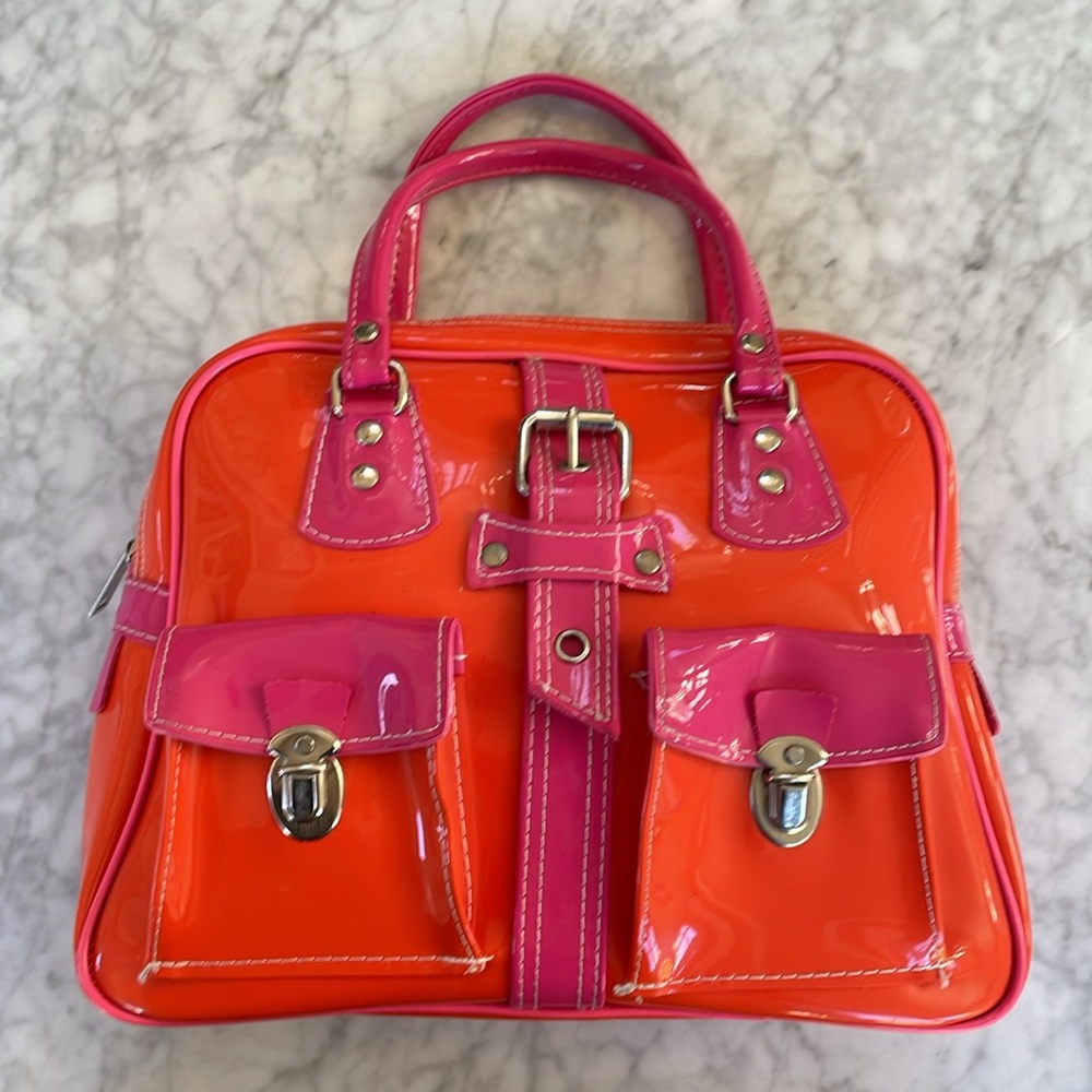Faux Patent Leather Orange and Pink Satchel Purse